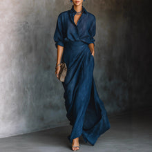 Load image into Gallery viewer, Women's Two-Piece Pleated Shirt & Draped Wrap Maxi Skirt Set – Long Sleeve Button Top