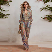Load image into Gallery viewer, Women's Paisley Print Deep V Fringe Blouse & Wide-Leg Palazzo Pants Set