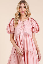Load image into Gallery viewer, Ruffle Trim Puff Sleeve Tiered Babydoll Midi Dress – Fluttering, Sweet, Elegant, Feminine, and Trendy Babydoll Midi Dress with Ruffle Trim and Puff Sleeves