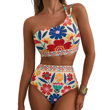 Load image into Gallery viewer, One-Shoulder Floral High-Waisted Bikini Set – Belly-Cinching Two-Piece Swimsuit