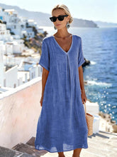 Load image into Gallery viewer, Patchwork Asymmetrical Maxi Dress – Relaxed V-Neck Style