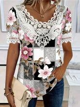 Load image into Gallery viewer, Women's Lace Patchwork Crew Neck Short Sleeve T-Shirt