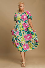 Load image into Gallery viewer, Colorful Full Size Floral Print Puff Sleeve Midi Dress Plus Size Elegant & Feminine Romantic Long Dress