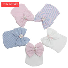 Load image into Gallery viewer, Modern Luxury Baby Girl Cotton Knit Striped Baby Caps With Big Bow For Baby Girls In Elegant Style
