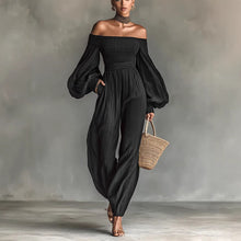 Load image into Gallery viewer, Women's Off-Shoulder Lantern Sleeve Pleated Loose Jumpsuit