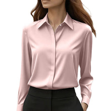 Load image into Gallery viewer, Loose Fit Satin Blouse — V-Neck Long Sleeve Tunic Top for Office & Casual Wear