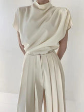 Load image into Gallery viewer, Stand Collar Pleated Sleeveless Top + High Waist Pleated Wide Leg Pants set