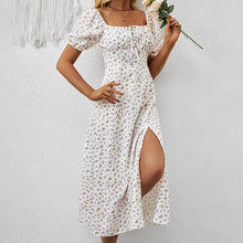 Load image into Gallery viewer, Square Neck Floral Print Dress With Puff Sleeves & Side Slit Maxi Dress