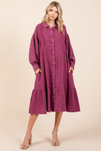 Load image into Gallery viewer, Mineral Wash Cotton Gauze Ruffle Midi Shirt Dress For Women – Casual and Feminine Button-Down Dress with Ruffle Details