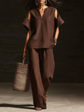 Load image into Gallery viewer, V-Neck Short Sleeve Top & Straight-Leg Pants Set – Ripped Detail, Pockets, Solid Color