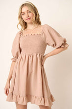 Load image into Gallery viewer, Smocked Ruffled Hem Half Sleeve Mini Dress, Cute, Elegant, Charming and Comfortable Mini Dress with Smocked Bodice and Whimsical Ruffled Hem