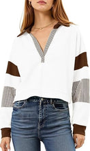 Load image into Gallery viewer, Color‑Block Cropped Polo V‑Neck Sweatshirt