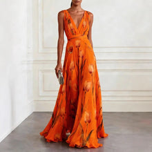 Load image into Gallery viewer, Tulip Print V-Neck Sleeveless Maxi Dress – Floral Chiffon