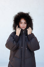 Load image into Gallery viewer, Celeste Genuine Fur Trim Down Fill Coat in Fig