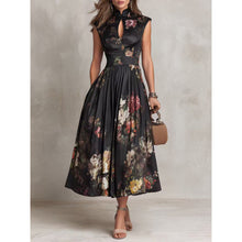 Load image into Gallery viewer, Women's Black 3D Floral Print Mandarin Collar Sleeveless Maxi Dress