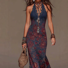 Load image into Gallery viewer, Women's Floral Print Halter Neck Deep V Lace Trim Mermaid Maxi Dress