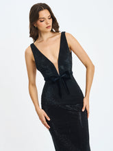 Load image into Gallery viewer, Olympia Black Belted Bow Plunging Rhinestone Maxi Dress