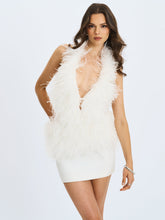 Load image into Gallery viewer, Quisten White Feathered Plunging Halter Mini Dress