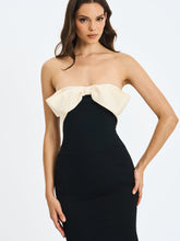 Load image into Gallery viewer, Saige Black Mermaid Midi Dress with Ivory Bow Bustline