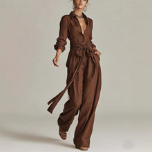 Load image into Gallery viewer, Women's Linen Long Sleeve Shirt & High-Waist Wide-Leg Pants Set with Tie Belt