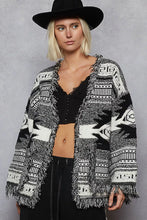 Load image into Gallery viewer, POL Open Front Geometric Print Cardigan with Fringe Detail