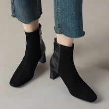 Load image into Gallery viewer, Women's Sheepskin Square Toe Chunky Heel Ankle Boots – Korean Patchwork Style