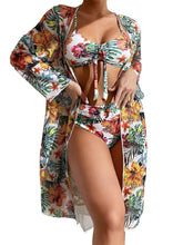 Load image into Gallery viewer, New Tropical Bloom 3-Piece Swimsuit Set – High Waist Floral Fluttering Bikini with Crew Neck Top Spaghetti Straps and Matching Long Sleeve Cover-Up – Stylish Stretchy Women’s Swimwear for Beach & Summer Escapes