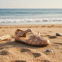 Load image into Gallery viewer, Women's Washed Full Grain Leather Fisherman Sandals – Closed-Toe Woven T-Strap