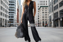 Load image into Gallery viewer, Women's Sporty Retro Lace-Up Striped Sleeveless Hooded Jumpsuit – Wide Flare Leg