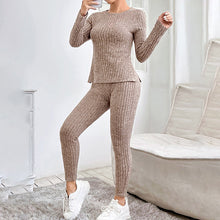 Load image into Gallery viewer, Women’s Ribbed Knit Long‑Sleeve Tee & Pants Lounge Set