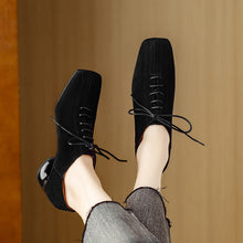 Load image into Gallery viewer, Women's Retro Sheepskin Square Toe Chunky Heel Pumps – Lace-Up Mid Heel