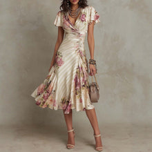 Load image into Gallery viewer, Ruffled Hem Maxi Dress – V-Neck Satin A-Line Color Block Dress