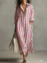 Load image into Gallery viewer, Striped Lapel Collar Dress – Side Slits & Pockets