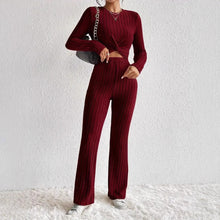 Load image into Gallery viewer, Women's Twist-Front Crop Top & Wide-Leg Ribbed Knit Set – 3 Colors