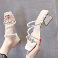 Load image into Gallery viewer, Women's Korean Style Rhinestone Single Strap Slide Sandals – Mid Chunky Heel