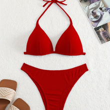 Load image into Gallery viewer, Bikini Rib Knit Solid Color Triangle 2 Piece Swimsuit for Women – Adjustable Tie Back Halter Bikini Set with Spaghetti Straps – High Stretch Polyester Swimwear for Summer Beachwear Poolside Relaxation and Tropical Vacation