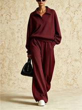 Load image into Gallery viewer, Women's Polo-Collar Oversized Sweatshirt & Side-Stripe Wide-Leg Pants Set