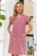 Load image into Gallery viewer, Mineral Washed V-Neck Ruffled Cap Sleeve Dress – Trendy, Comfortable, Playful, Unique Wash For Any Occasion