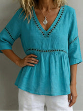 Load image into Gallery viewer, Women's V-Neck Hollow-Out Fringe Cotton-Linen Top