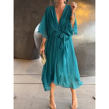 Load image into Gallery viewer, Batwing Sleeve V-Neck Midi Dress – Tied Irregular Hem Fairy Dress