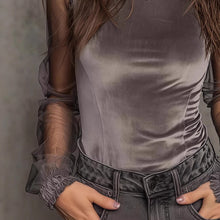 Load image into Gallery viewer, Women's Slim-Fit Lace Panel Mesh Top – Literary Retro Style