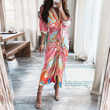 Load image into Gallery viewer, Mandotos European And American Print Long Sleeve Laceup Button Front Shirt Dress