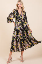 Load image into Gallery viewer, Flower Print Satin Lurex Stripe Smocked Midi Dress For Summer – Elegant and Sparkling Floral Dress with Tiered Design