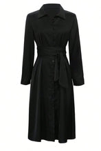 Load image into Gallery viewer, Elegant Black Collared Neck Long Sleeve Midi Shirt Dress Tied and Buttoned Women’s Dress