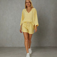 Load image into Gallery viewer, Women's Loose V-Neck Long Sleeve Striped Shorts Set – Casual Leisure