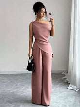 Load image into Gallery viewer, One-Shoulder Asymmetric Top & Wide-Leg Pants 2-Piece Set – Women's Elegant Co-ord Suit