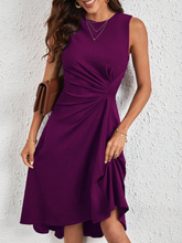 Load image into Gallery viewer, Women's Solid Color Twist Knot Sleeveless Midi Dress – Round Neck Side Ruched Asymmetric Hem
