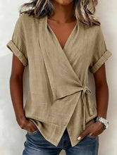 Load image into Gallery viewer, Women's Casual Lapel Collar Lace-Up Short-Sleeve Linen Top