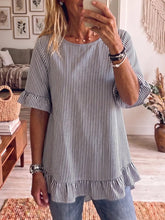 Load image into Gallery viewer, Women's Striped Ruffle-Sleeve Loose-Fit Blouse – Three-Quarter Sleeve