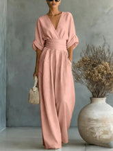 Load image into Gallery viewer, Women's V-Neck Wide-Leg Jumpsuit – High Waist Pleated Elegant